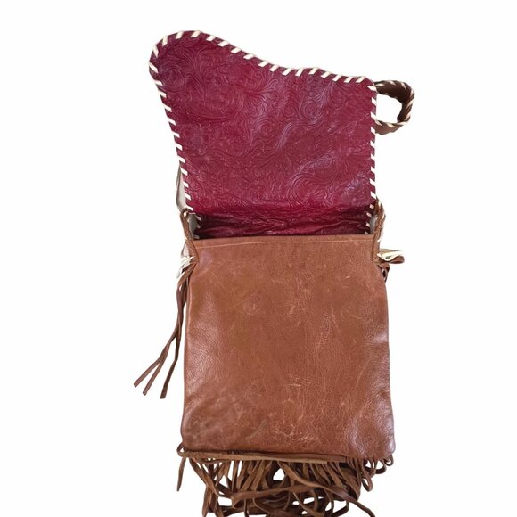 Handcrafted Brown Leather Crossbody Bag Red Rose Embroidery & Fringe Accents GUC - Picture 3 of 12